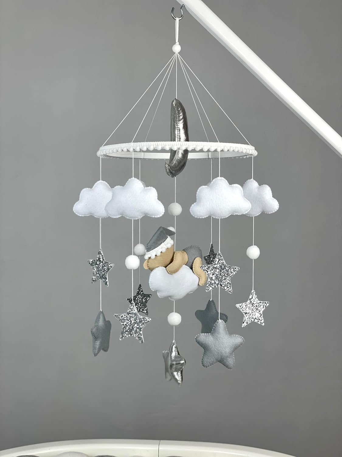 Bear Mobile for Baby Crib Neutral Nursery Decor Felt Hanging Mobile Handmade cot Mobile White Grey Decoration Gender Neutral Baby Gift New mom Gift