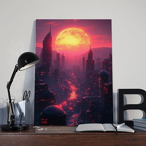 Miniatura 8 de Póster retro de ciudad futurista, arte de pared de horizonte de neón para decoración de ciencia ficción y ondas sintéticas, pintura decorativa,