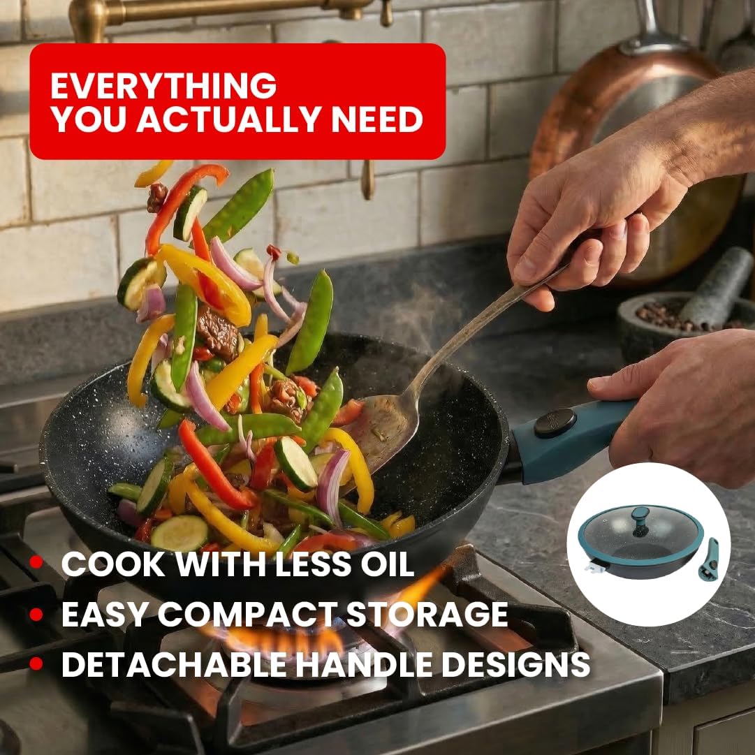 Ravon Nonstick Wok Pan with Glass Lid and Detachable Handle, 12.4in