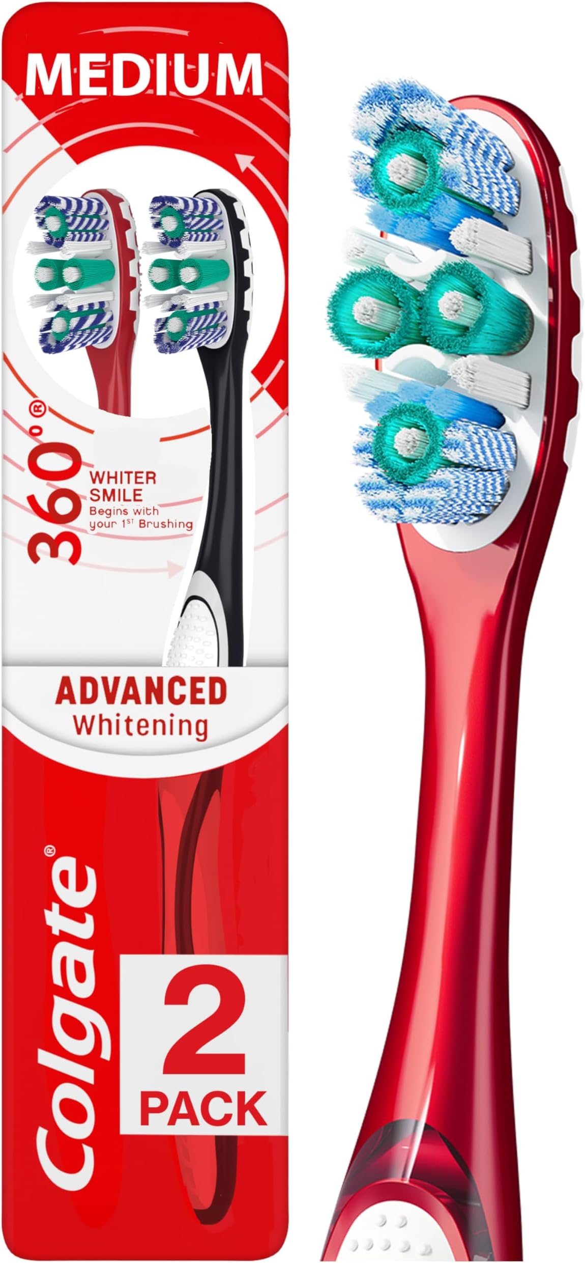 360 Optic White Advanced Whitening Toothbrush, Adult Medium Toothbrush with Whitening Cups, Helps Whiten Teeth and Removes Odor Causing Bacteria, 2 Pack