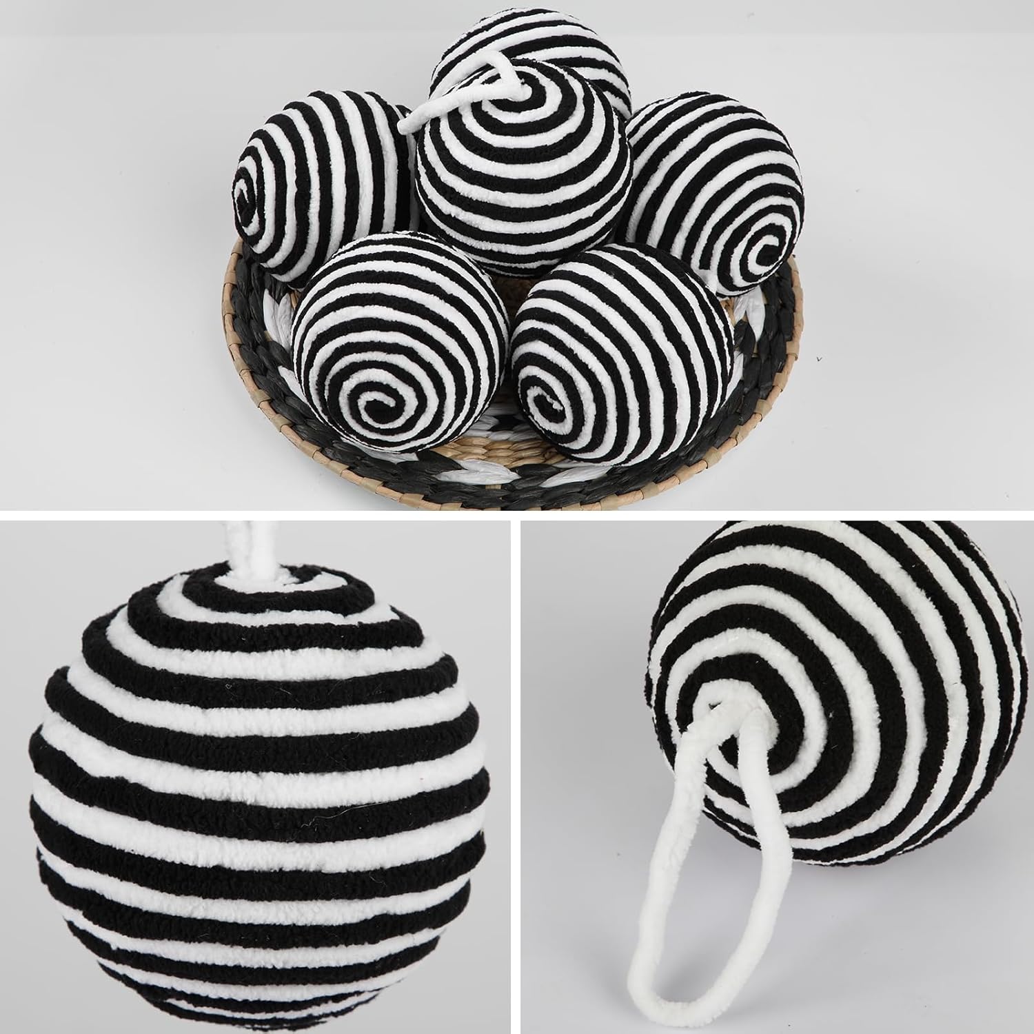 Briful 3.94'' Black and White Christmas Yarn Balls Ornament Set, 6PCS Large Decorative Xmas Tree Hanging Ornament with Strings for Christmas Halloween Bowl Vase Filler Tiered Tray Table Decor