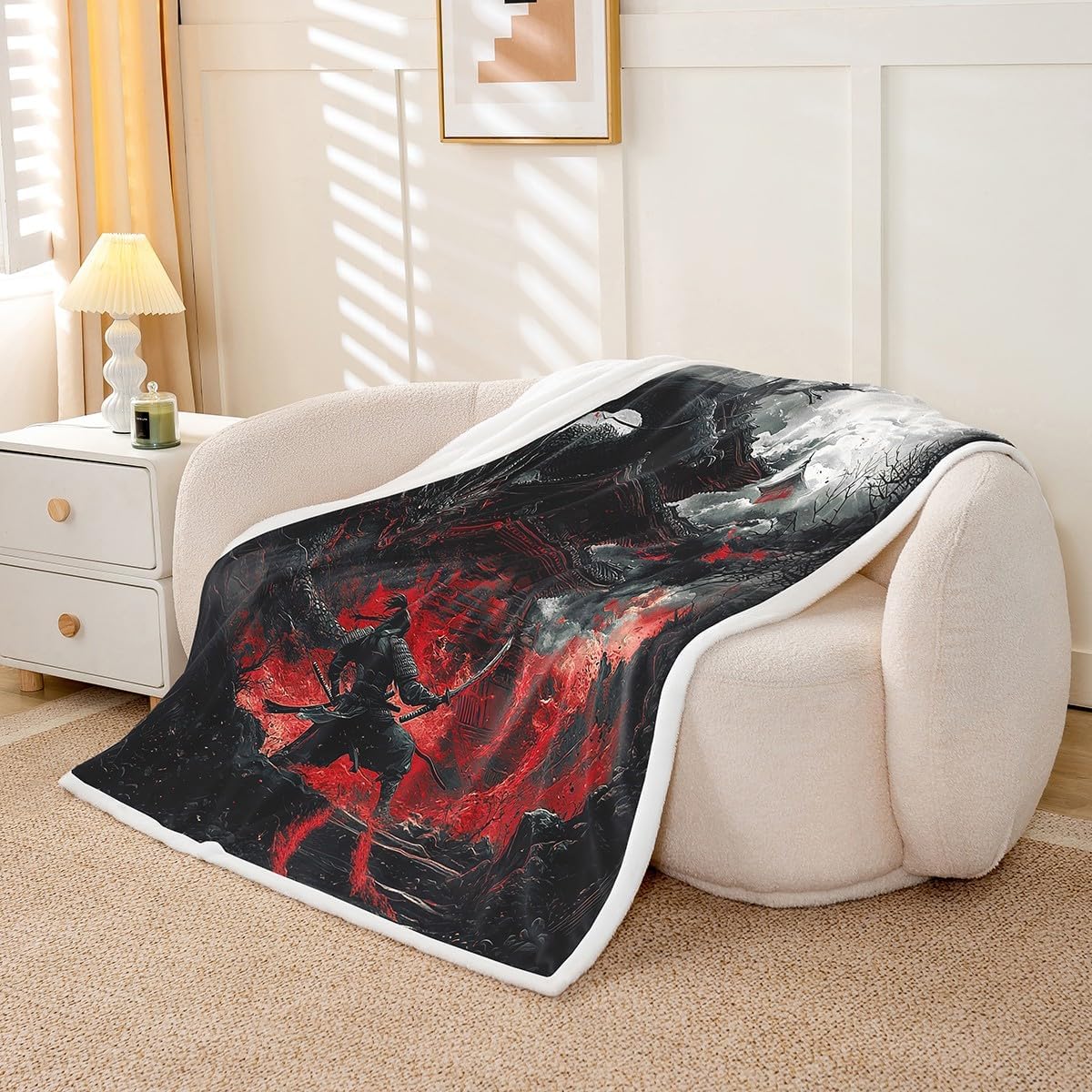 Feelyou Dragon Fleece Throw Blanket Queen 90"x90" Japanese Style Plush Blanket for Boys Girls Teens Samurai Sherpa Blanket Dragon Decor Fuzzy Blanket Room Decor Black Red Flannal Blanket