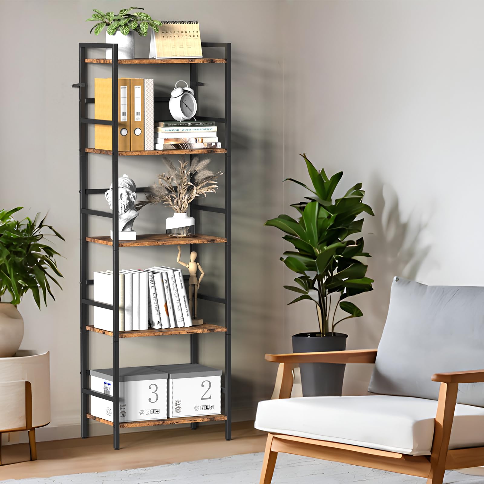 CADUKE Bibliothèque à 5 Étagères, Rack de Rangement Marron Rustique et Noir, Cadre en Bois et Métal, Grande Étagère pour Salon, Chambre, Bureau, Unité de Rangement Ouverte, Design Industriel