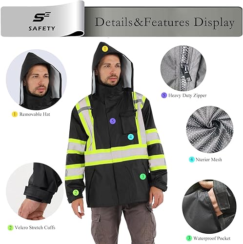 Miniatura 10 de sesafety Hi Vis - Chaqueta de lluvia de alta visibilidad clase 3 traje de lluvia para hombre impermeable con malla frontal cremallera Lima