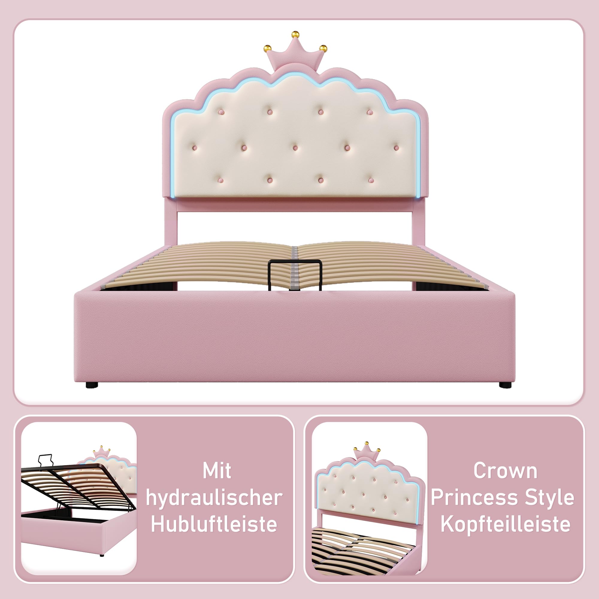 Cama Acolchada 140 x 200 cm,Cama contenedor hidráulico,Cama Individual con luz Ambiental con Mando a Distancia,Forma de Corona de Princesa,Cama con somier,Material PU,para Niños,Rosa