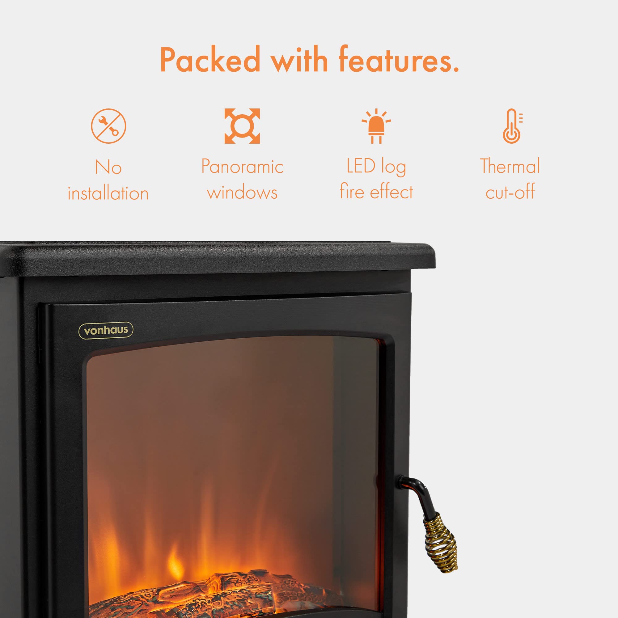 VonHaus Electric Stove Heater 1800W Fireplace with LED Log Fire Flame