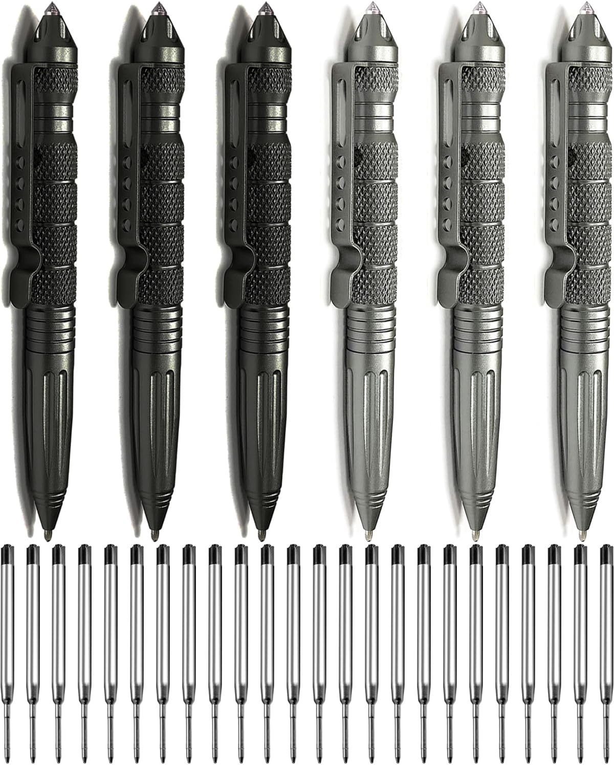 Origin-Joy 6 Pack Tungsten Steel Military Tactical Pen Set, Multifunctional EDC Self Defense Pen With 24 Ballpoint Refills (Black & Gray)