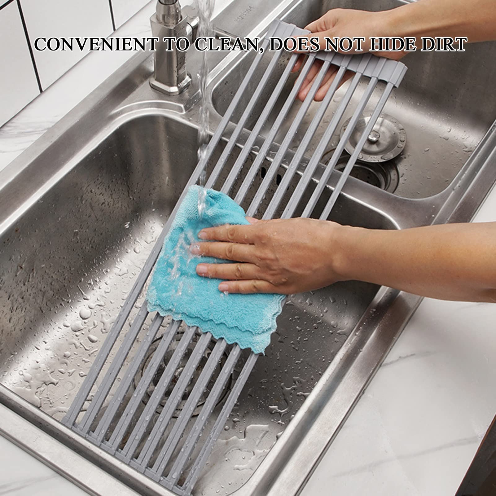 Scolapiatti avvolgibile, Scolapiatti pieghevole in silicone e acciaio inossidabile grigio 32x52cm