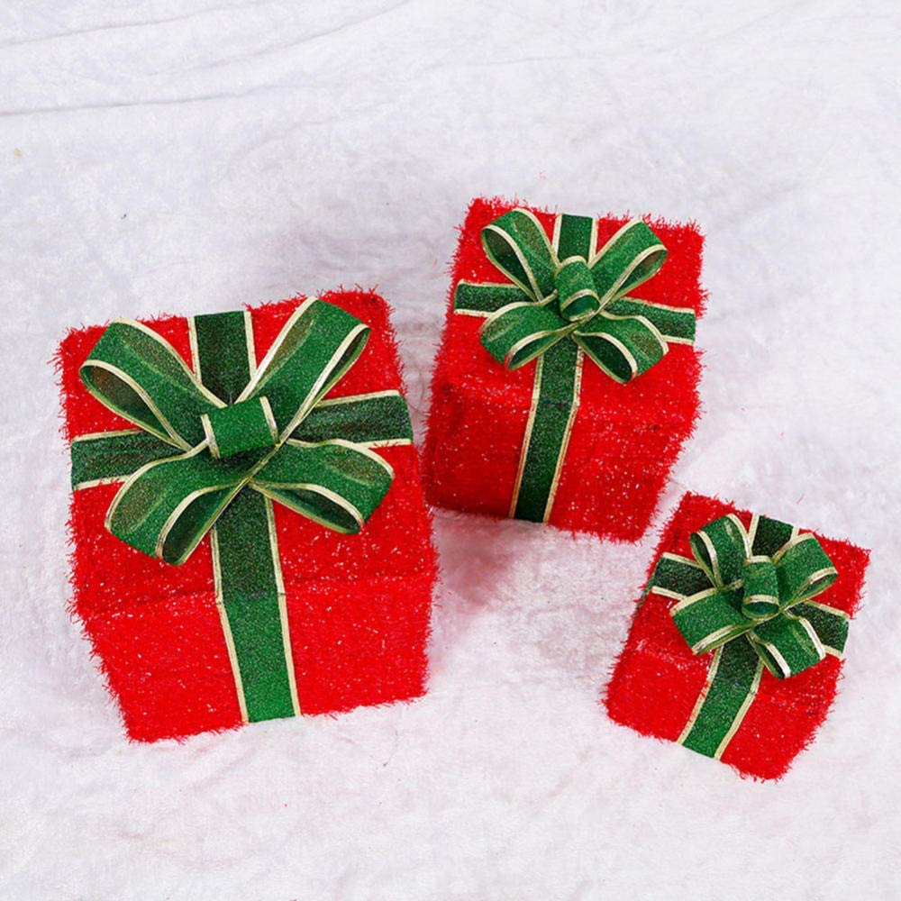 Cajas de regalo para Navidad, Cajas de regalo LED de tela de hierro con iluminación navideña, juego de 3 paquetes decorativos de Navidad, luces blancas cálidas, decoración interior y exterior(Rosso)