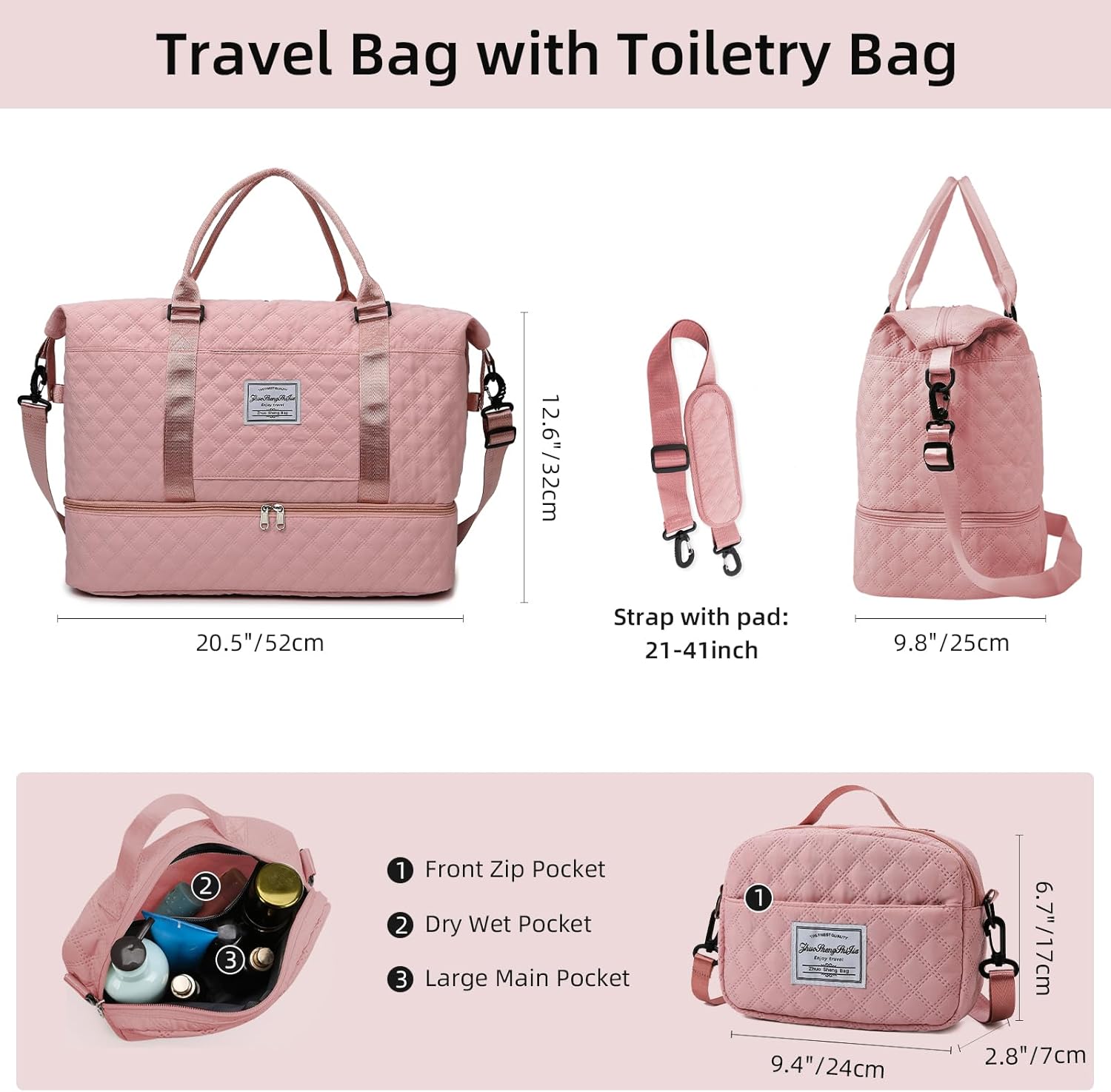 Travel Duffle Bag Weekender Bags for Women with Shoe Compartment Carry On Duffel Overnight Bag with Toiletry Bag for Hospital Pink - Image 2