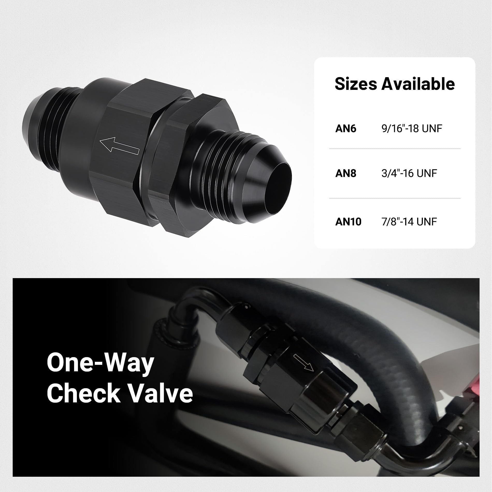 Válvula De Retención Sin Retorno AN-10 Negra Para Combustible - Ideal Para Sistemas EFI
