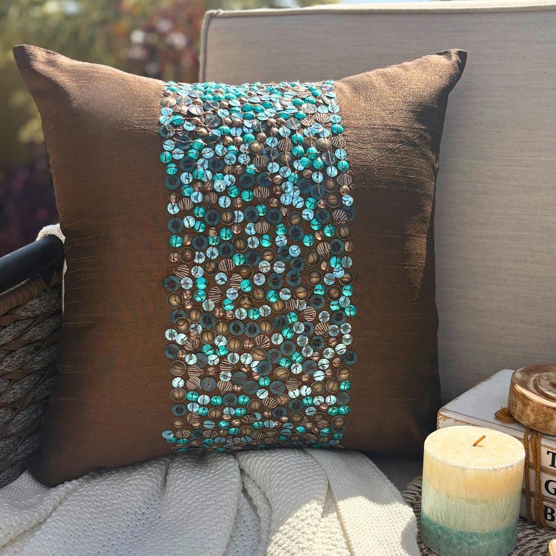 The HomeCentric Cushion Cover, Brown Decorative Pillow Covers 16x16 inch (40x40 cm) Silk Throw Pillows for Couch, Circles & Dots, Sequins Embellished, Modern Accent Throw Pillows - Cocoa & Turq