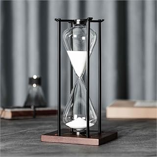 Hourglass Timer 60 Minute, Metal Frame Decorative Sand Timer with Removable Wooden Base (White Sand, Large Size)