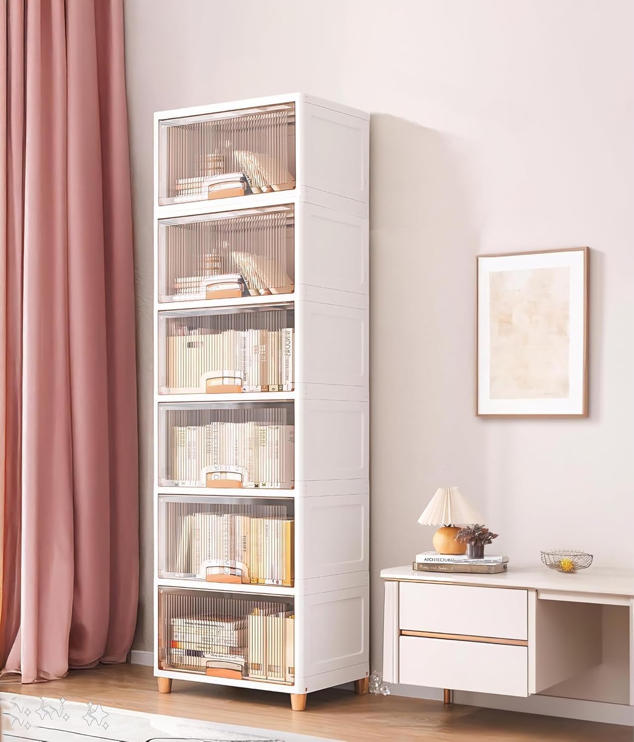 Strassis Design 6 Pack Plastic Cupboard for Storage Multipurpose Stackable Cabinet Drawer, Foldable Wardrobe Organizer for Clothes, Kitchen Storage Cabinet, Modular Almirah with Magnetic Door (Beige)-image-28