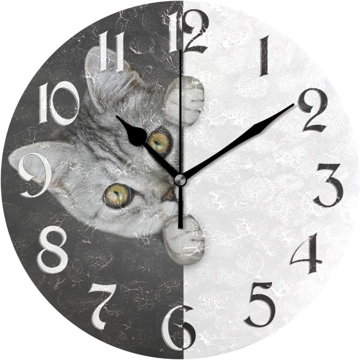 Naanle Funny Cat Round Wall Clock Black and White Silent Non Ticking Wall Clocks Battery Operated for Home Office School Decor