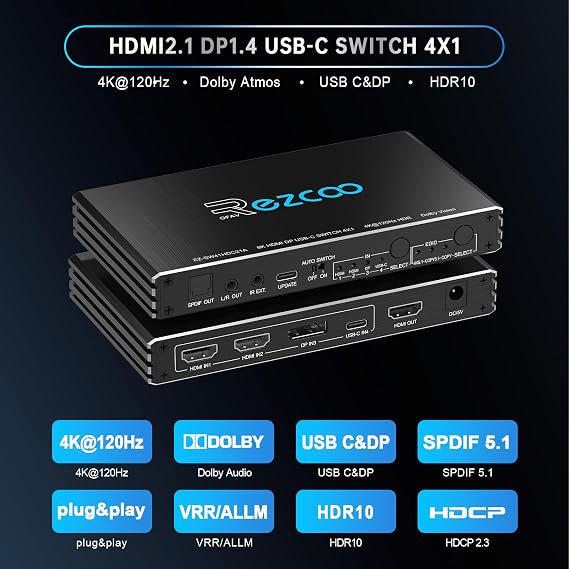 4K@120Hz HDMI 2.1 Switch 4x1 USB C DP1.4 4-Port Switcher with Audio Extractor(Optical & 3.5mm Out) VRR ALLM HDCP 2.3 HDR Dolby Vision/Atmos Optical Audio for PS5, Xbox, Gaming, Remote Contorl IR