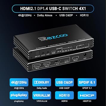 4K@120Hz HDMI 2.1 Switch 4x1 USB C DP1.4 4-Port Switcher with Audio Extractor(Optical & 3.5mm Out) VRR ALLM HDCP 2.3 HDR Dolby Vision/Atmos Optical Audio for PS5, Xbox, Gaming, Remote Contorl IR