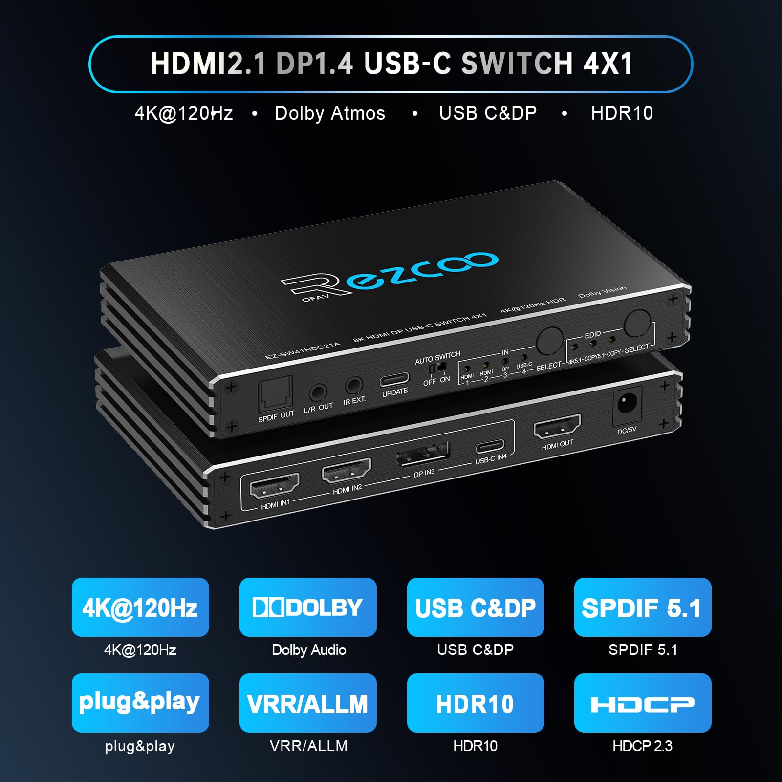 Commutateur HDMI 2.1 4K@120Hz 4x1 avec USB-C DP1.4 et extracteur audio (optique/3,5 mm Out) VRR ALLM HDCP 2.3 HDR Dolby Vision/Atmos - Pour PS5, Xbox, Gaming, Télécommande infrarouge