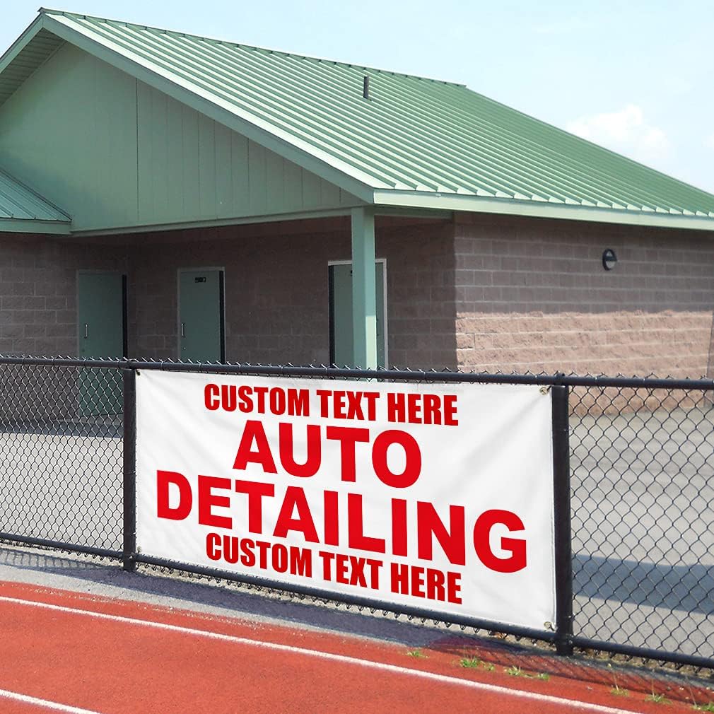 Custom Vinyl Banner Multiple Sizes Auto Detailing Red Auto Car Repair Shop Auto Repairs Outdoor Weatherproof Industrial Yard Signs 4 Grommets Personalized Text Here 24x48Inches
