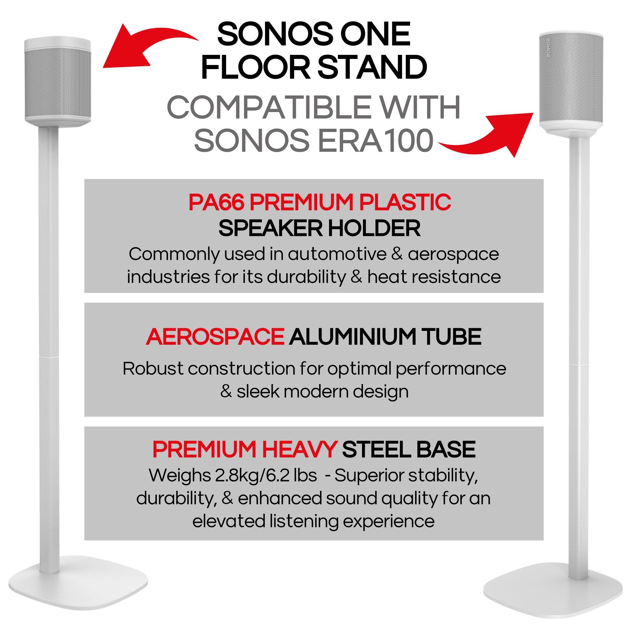 2 x Soundbass ONE Floor Stand, White, Compatible with Sonos ONE