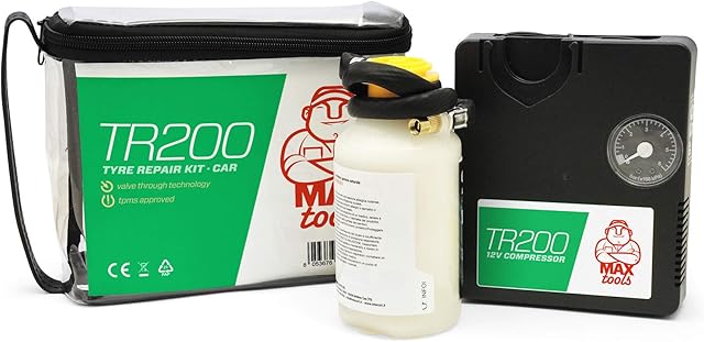 MAXTOOLS TR200, Automatic Tyre Repair Kit for Mid-Size Cars and Minivan, Repairs All Tyre Punctures, Includes Powerful 12V Air Compressor