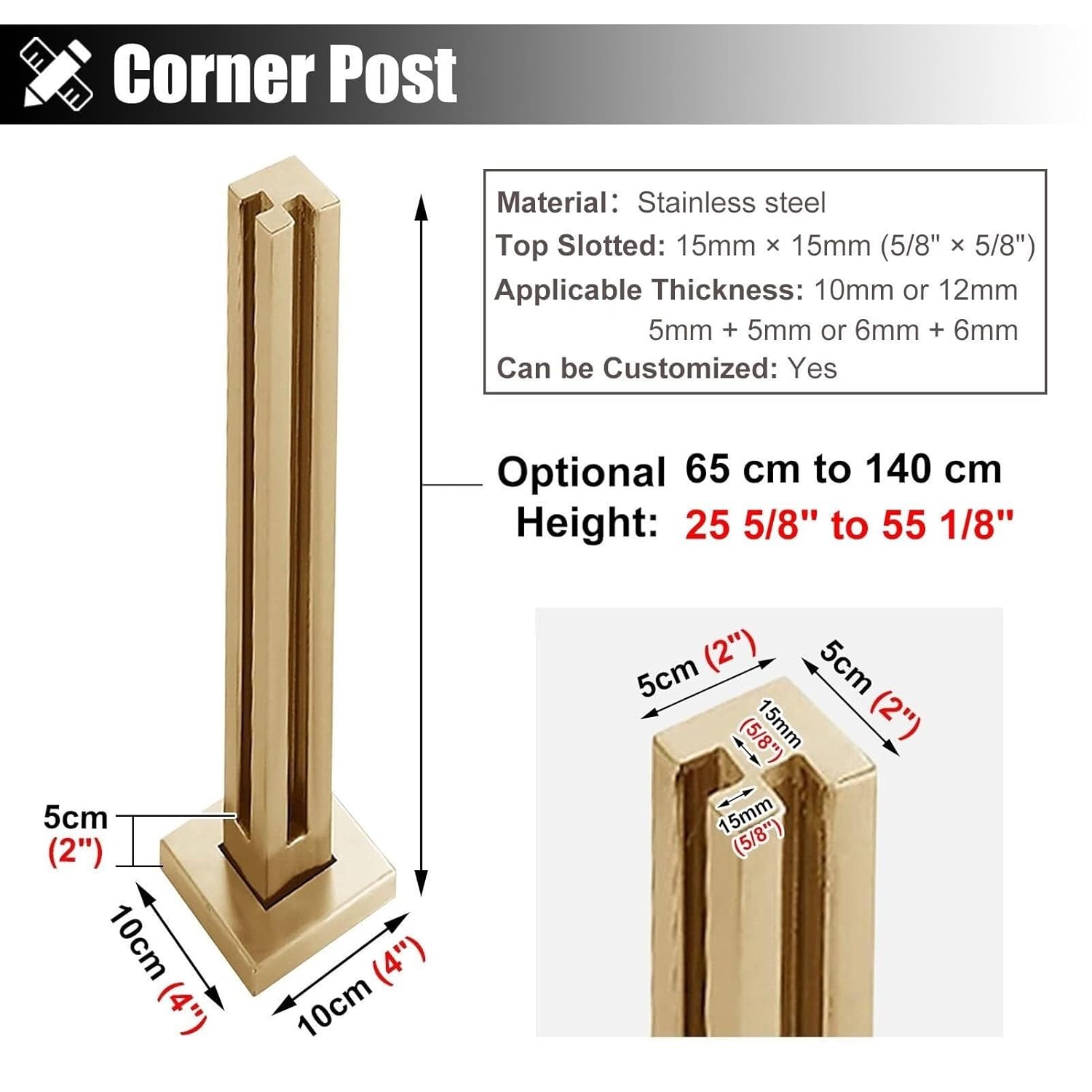 Gold Glass Balustrade Post Kit, 85cm Stainless Steel Clamp for Indoor & Outdoor Handrail System, Square Panel Support Balcony, Stair, Deck Guardrail(80cm/31.5")