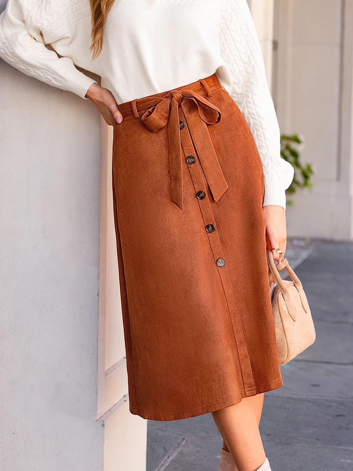 CUPSHE Women's Button Front Midi Skirts Suede A-line Waist Tie Long Skirt Western Casual Vacation - Image 2