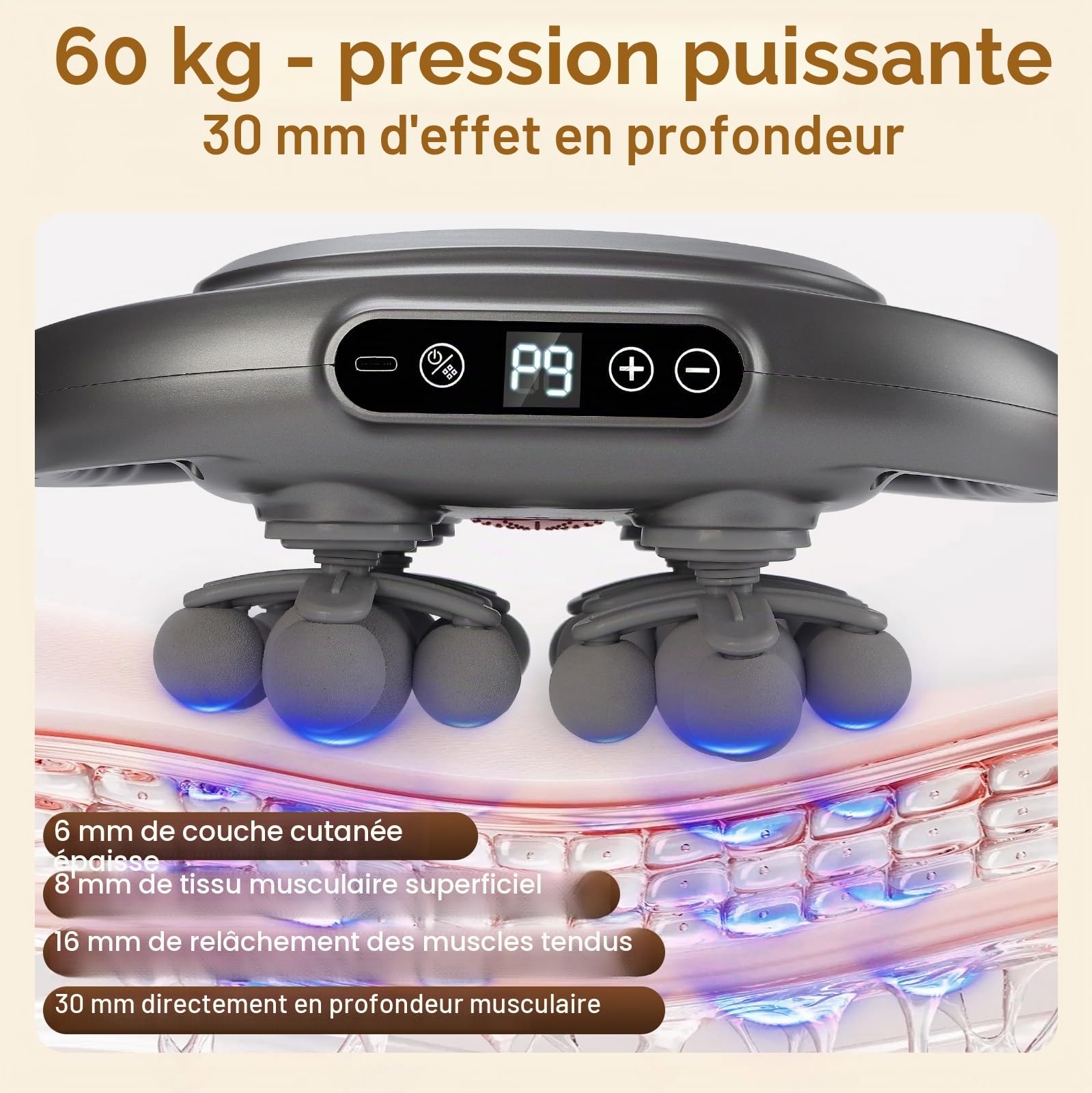 Pistolet de massage à 22 têtes, pistolet de massage musculaire rechargeable avec 9 modes et 9 niveaux, écran LCD, thérapie par lumière rouge