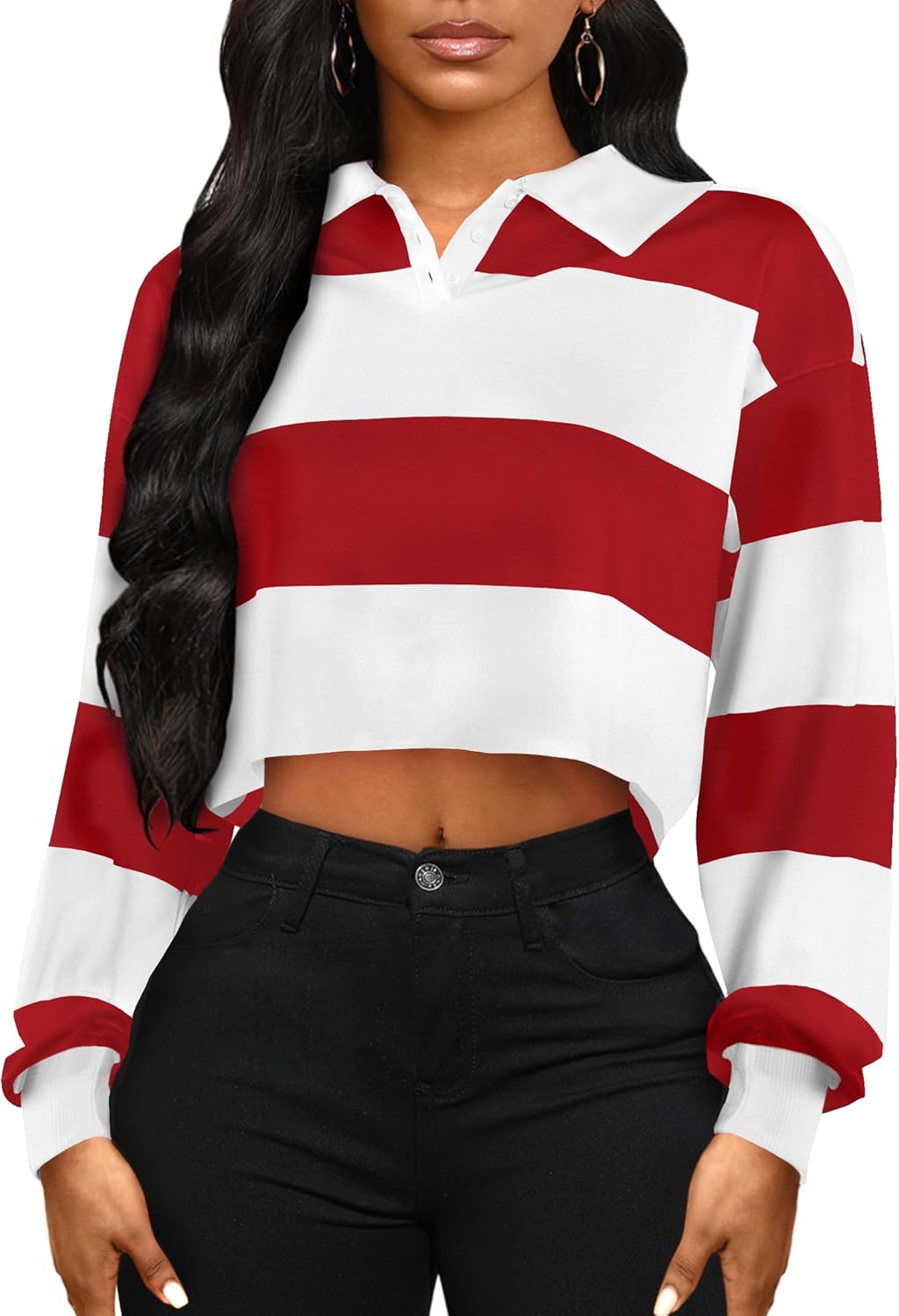 LovelyWholesale Women Striped Cropped Sweatshirts Polo Collar Long Sleeve Crop Tops - Image 2