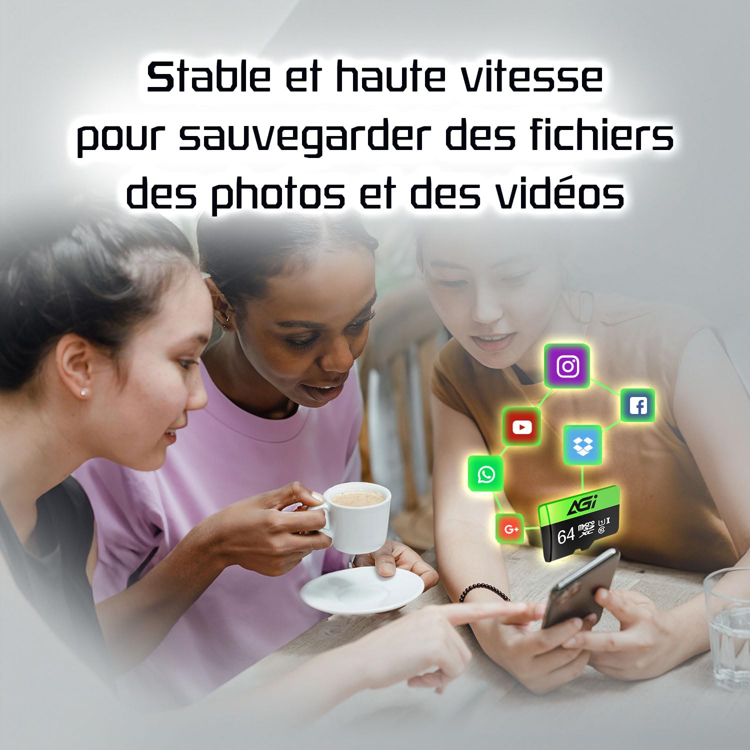 AGI TF138 Carte Micro SD MicroSDXC 64 Go avec Adaptateur SD Lecteur de Carte Type C USB 2.0 OTG