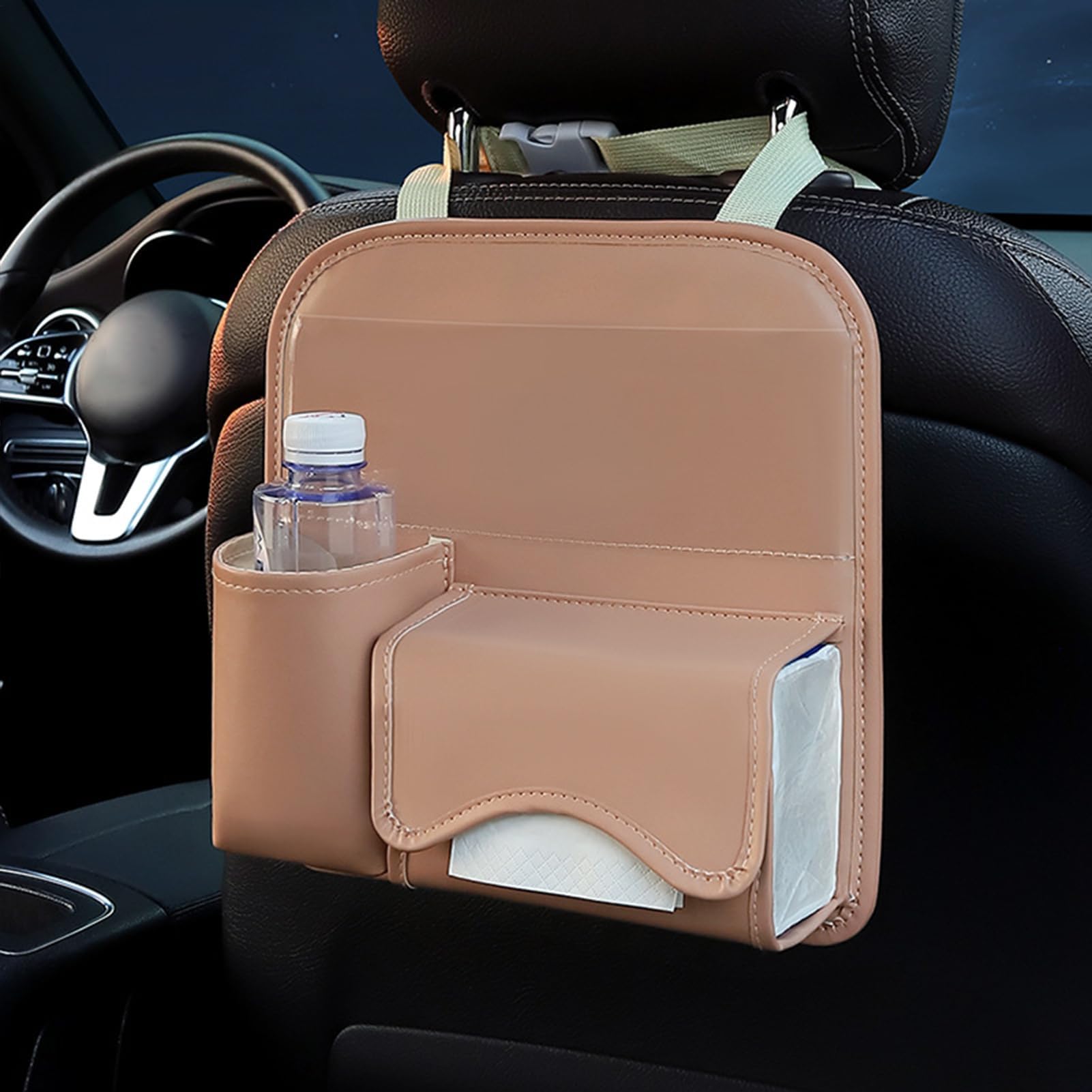 Organizer per sedile posteriore, borsa in pelle con porta fazzoletti, organizer e portaoggetti per sedile posteriore, per SUV, camper, berlina, furgoni, interni di veicoli, viaggi su strada, viaggi