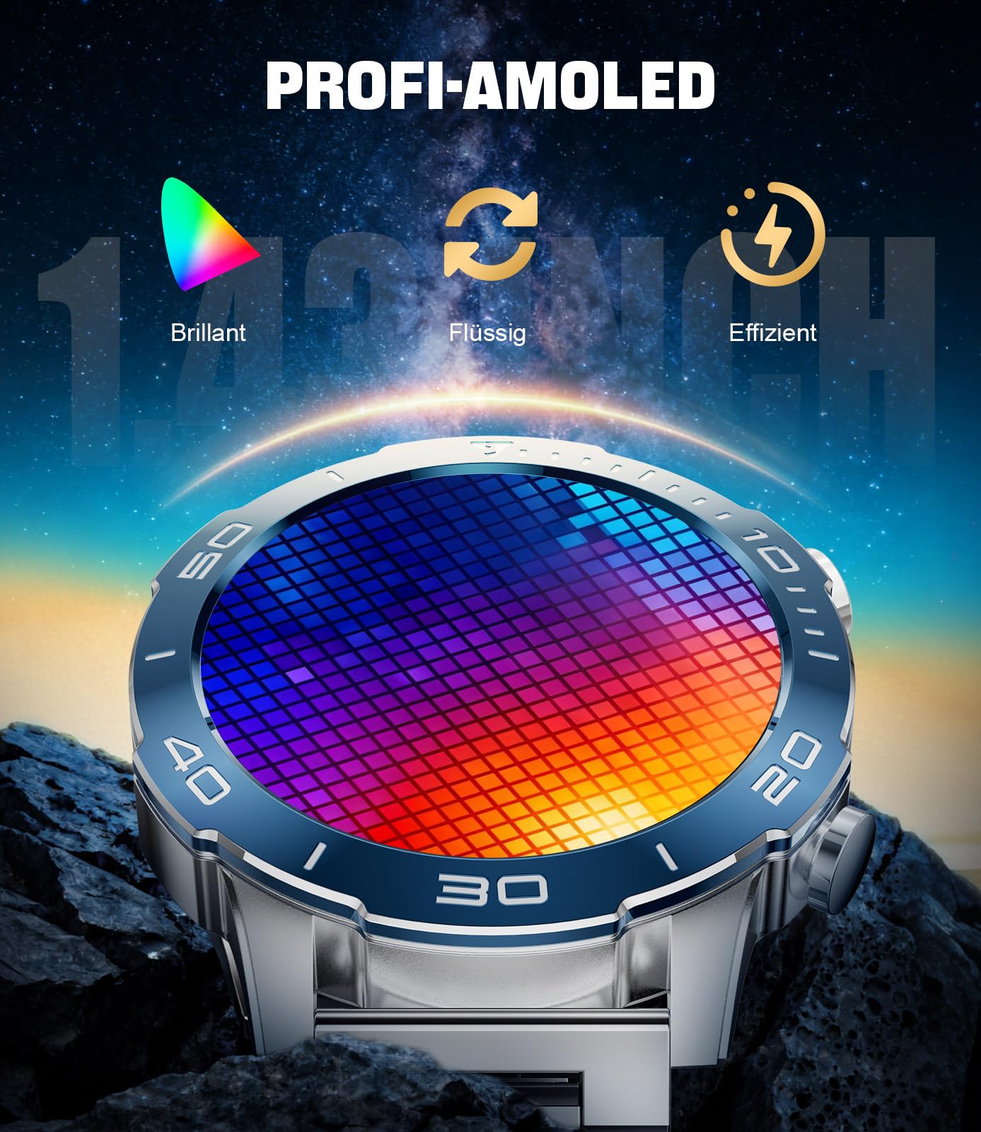 LIGE Smartwatch Herren mit Telefonfunktion, AMOLED Smart Watch für Android/iOS, IP68 Wasserdicht, 24/7 Herzfrequenz/Schlafmonitor, 170+ Sports, 300+ Zifferblätter, Silbernem Gehäuse & Blauer Blende