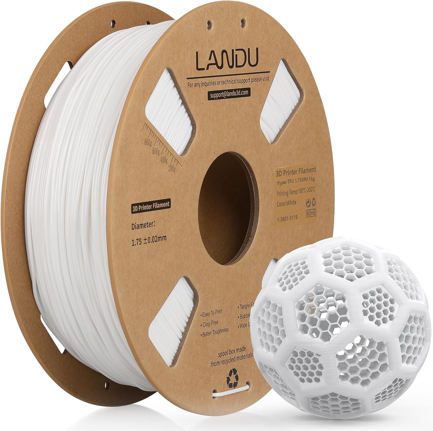 LANDU TPU 3D Printer Filament 1.75mm, High Speed 95A TPU Filament, 1KG Flexible 3D Filament for Fast Printing, Dimensional Accuracy +/- 0.02mm, Suitable for Most FFF 3D Printers (White)