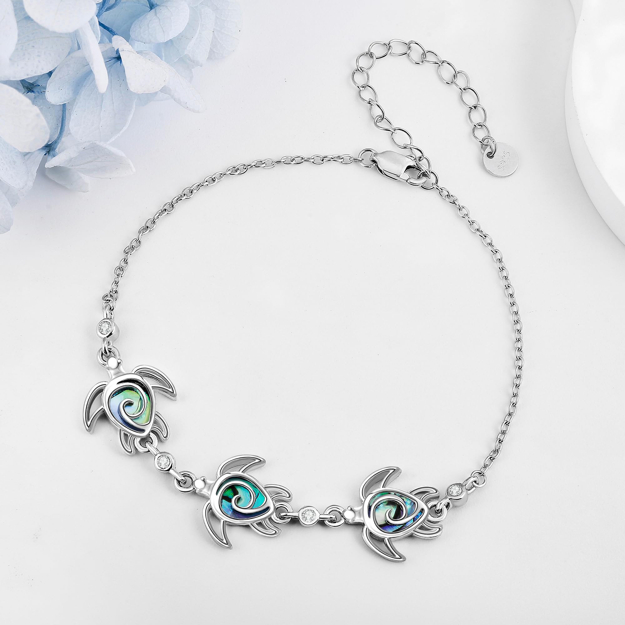 DAYLINLOVE Pulsera de tortuga de plata de ley 925, pulsera de playa, concha de abulón, pulseras de tortuga marina, joyería oceánica, regalos para mujeres amantes de las tortugas, 23 centimeters, Plata