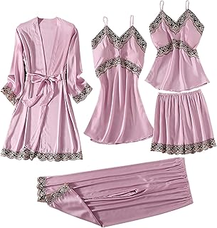 Womens Pajamas Sets 5 PCS Lace Trim Cami Tops Nightgown Shorts Pant Robe Lounge Pjs Sets Soft Comfy Summer Loungewear