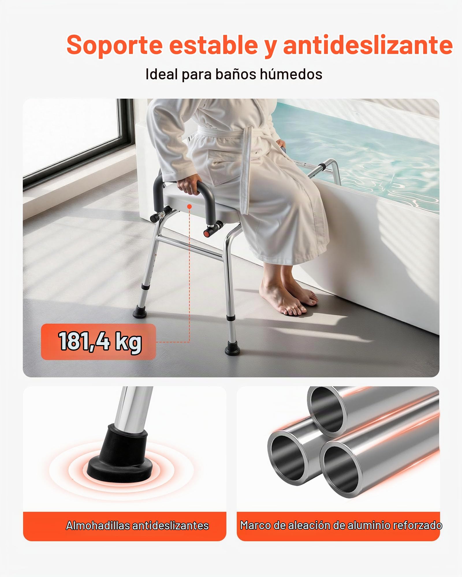 VEVOR Asiento de Bañera Deslizante Carga de 180 kg, Silla de Ducha con Asiento Giratorio, Banco de Transferencia de Bañera con Brazos y Respaldo, Altura y Ancho Ajustables, para Personas Mayores