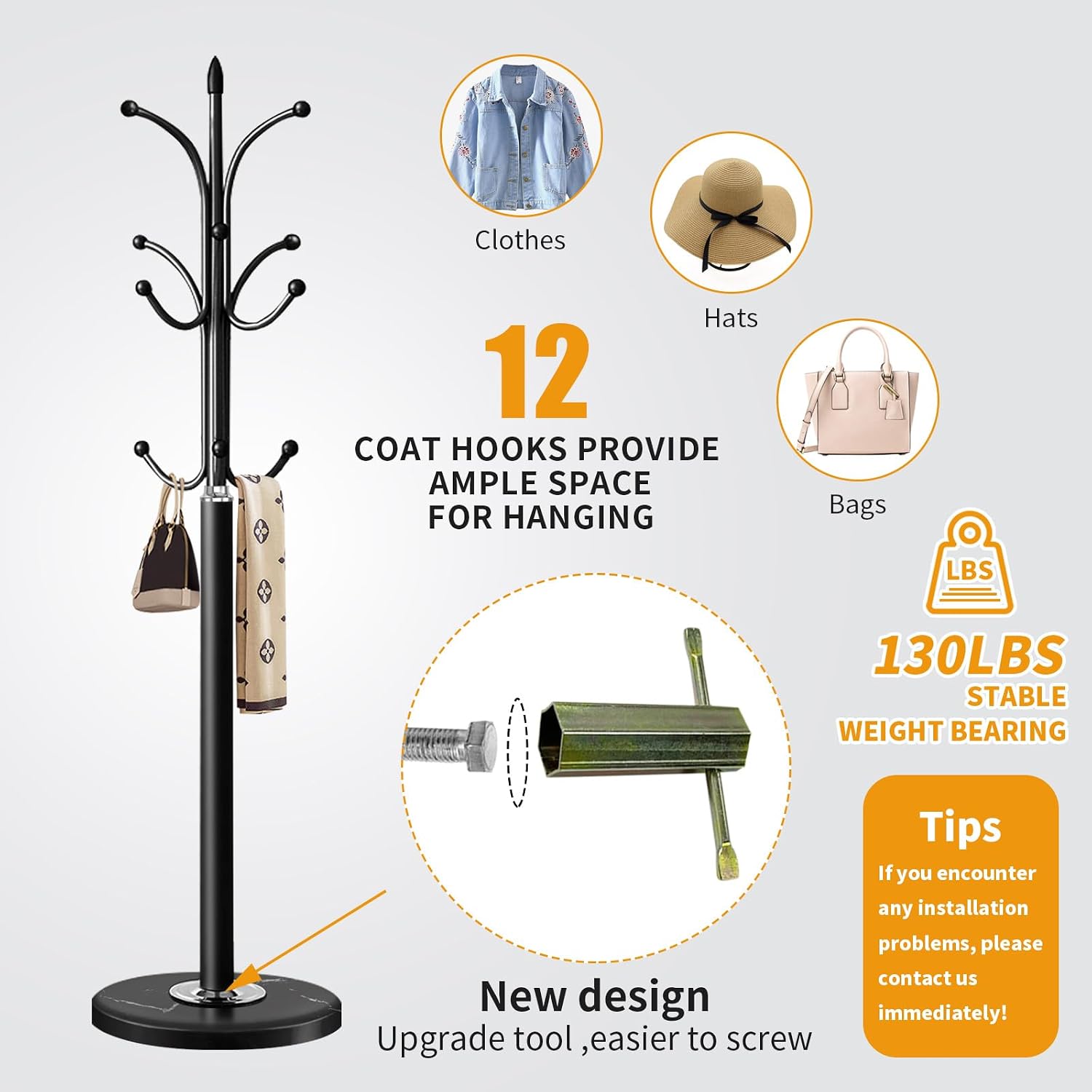 Metal Coat Rack Stand with Natural Marble Base, Coat Rack Freestanding, Free Standing Hall Tree with 12 Hooks for Hanging Clothes, Bags, Scarfs, Coat Hanger for Entryway, Hallway (Black)
