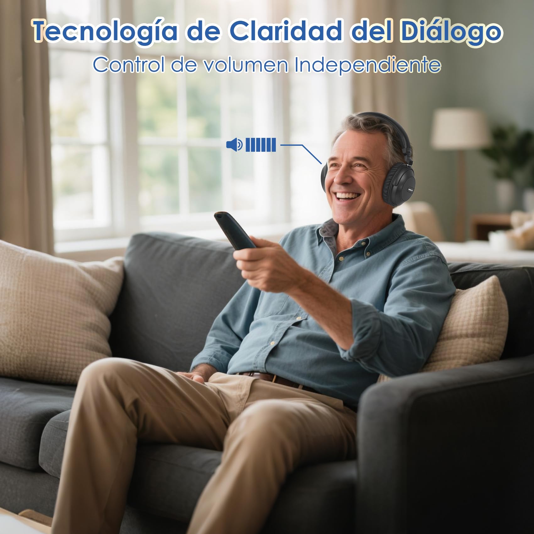 SIMOLIO 737D1 Auriculares Bluetooth TV para Persona Mayore con Voz Clara | Modo TV y BT, Control de Tono, Optico/RCA/AUX, Conexión para Soundbar, Base de Carga, Sin Retardo, Larga Autonomía, 50M
