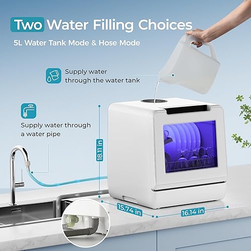 Miniatura 5 de EUHOMY Lavavajillas portátil para encimera, 8 programas mini lavavajillas con tanque de agua integrado de 5 litros y manguera de entrada, no