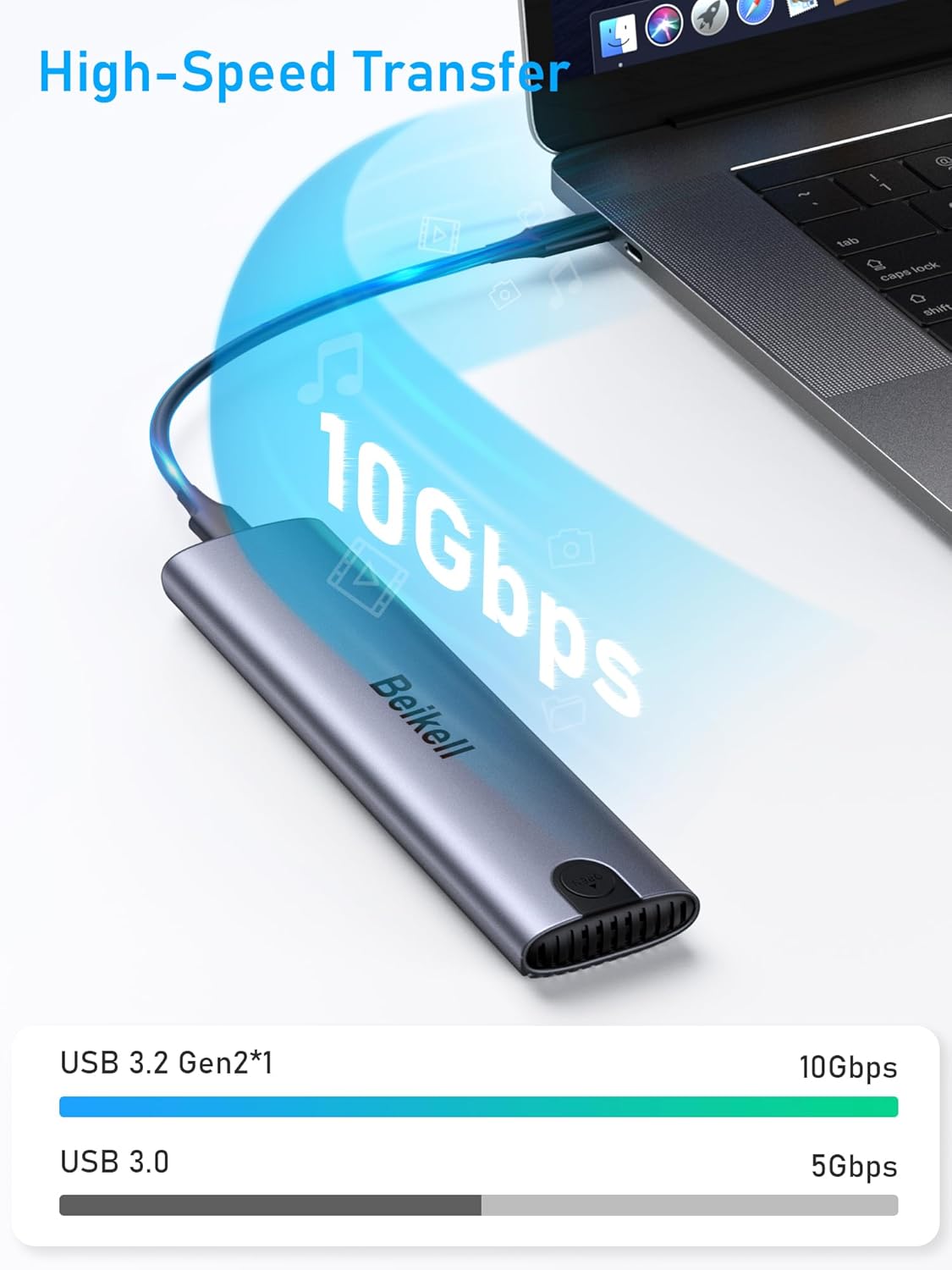 Laptop connected to Beikell M.2 NVME Enclosure showing 10Gbps high-speed transfer.