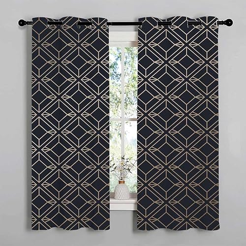 Cortinas para Sala Elegantes Modernas Geometría Negra Línea de Celosía Moderna a Prueba de Sonido para Puertas Muro Cortina 63 Pulgadas De Ancho Por