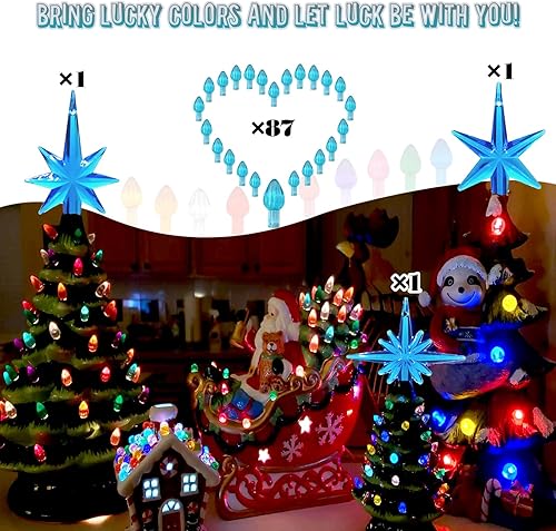 Miniatura 32 de Luces de repuesto de cerámica para árbol de Navidad, adornos de luz multicolor mediana para árbol de cerámica (117 bombillas + 5 estrellas superior)
