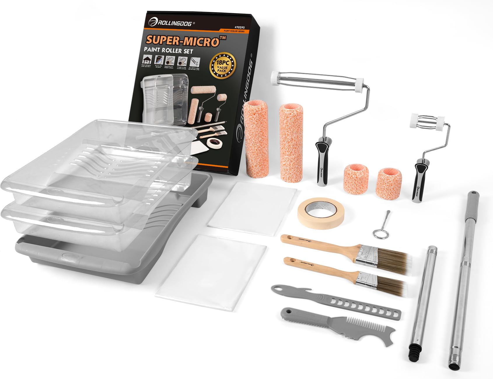 ROLLINGDOG Farbroller-Set mit Verlängerungsstange | Mini-Farbroller, Farbwanne mit Linern, 9 m Verlängerungsstange für Wand, Decke, Hausmalerei, 22,9 cm und 7,6 cm