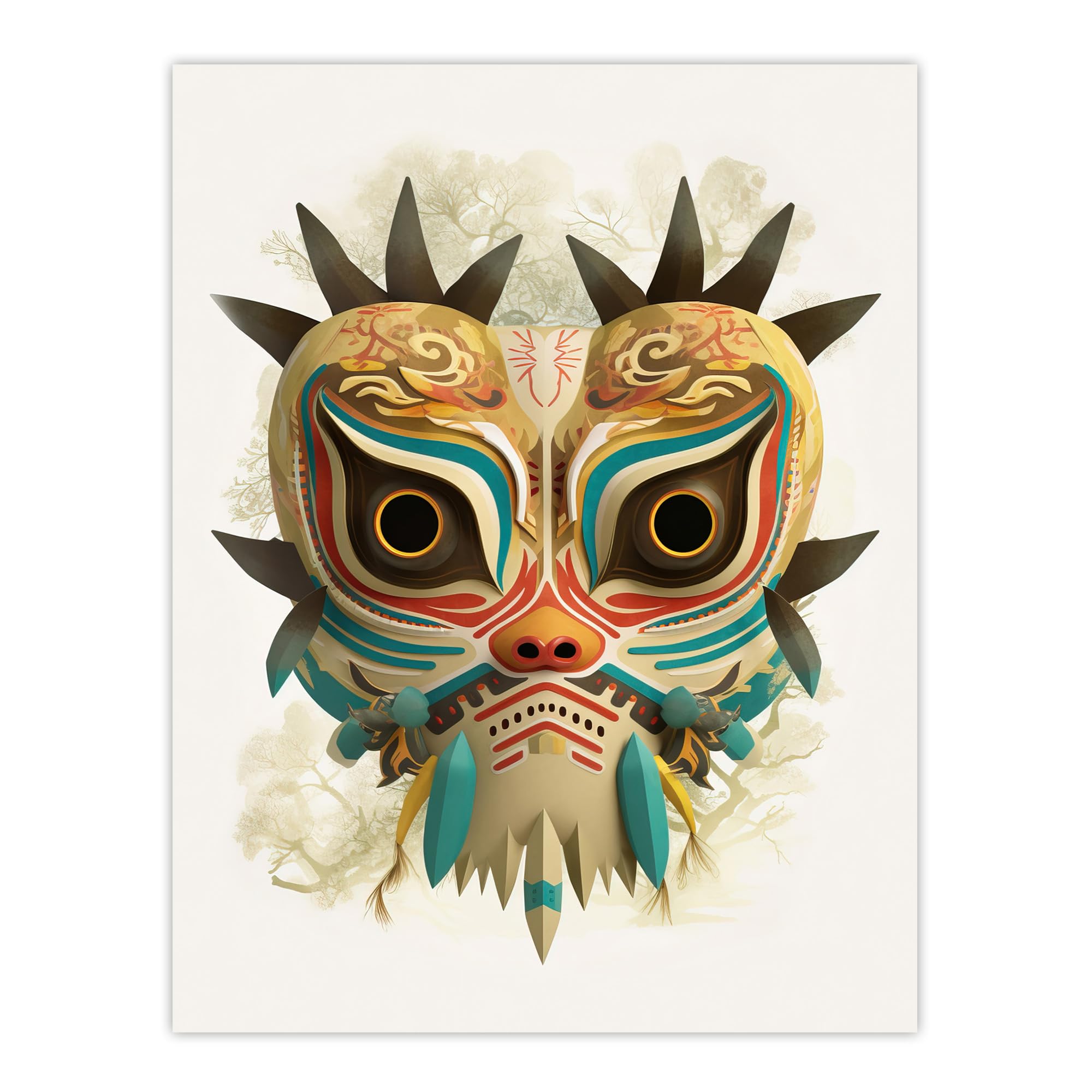 Artery8 Noh Theatre Mask Painting Supernatural Japanese Creature Portrayal Forest Deity Role Colourful Intricate Details Floral Designs Large Wall Art Poster Print Thick Paper 18X24 Inch