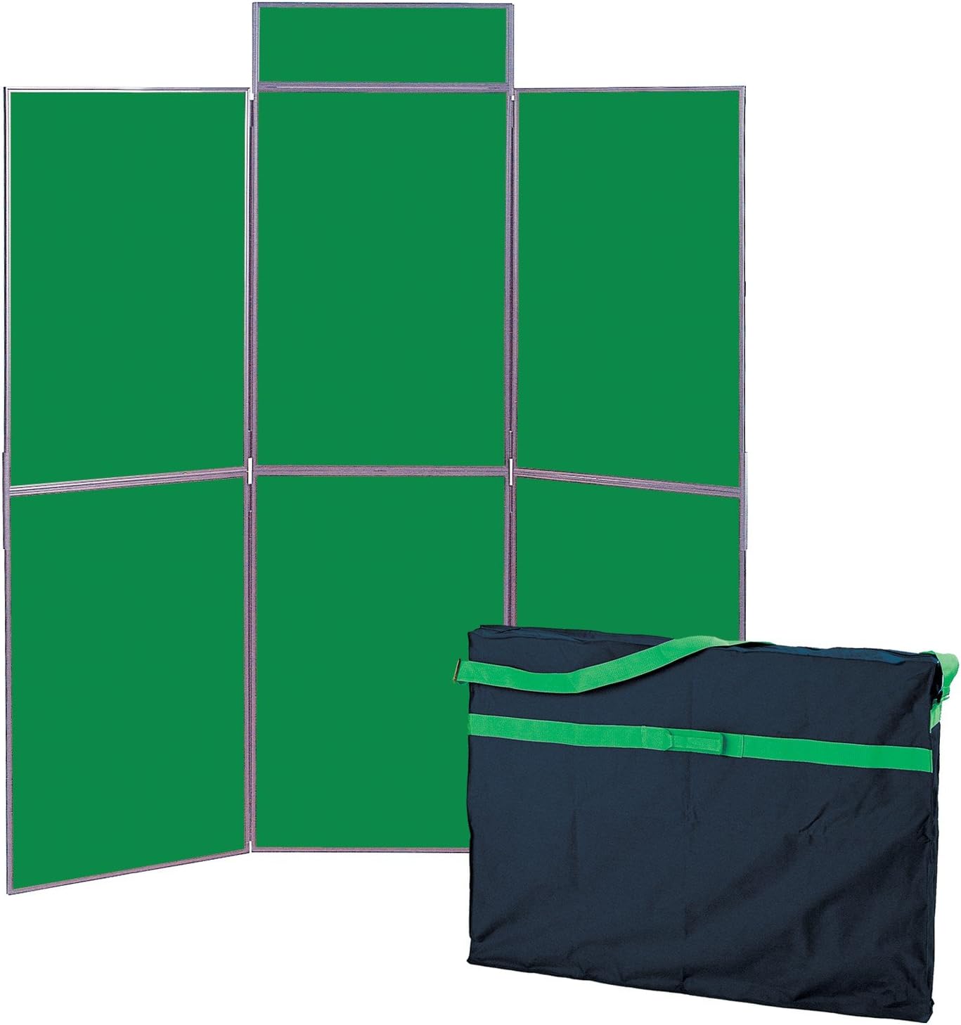 Wonderwall Folding 6 Panel Display Kit with a Canvas Bag, 100 Adhesive Hook Fasteners & Header - 11 Colours - for Schools, Exhibitions, Offices (Green with Grey Frame)