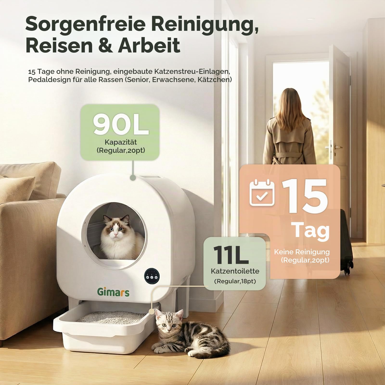 Gimars XXL 90L Selbstreinigende Katzentoilette mit App-Steuerung, Automatisches Katzenklo mit Matte, Müllbeuteln & Trittbrett, Dreifach-Sensor und Geruchskontrolle für Kätzchen, Alte & Mehrere Katzen