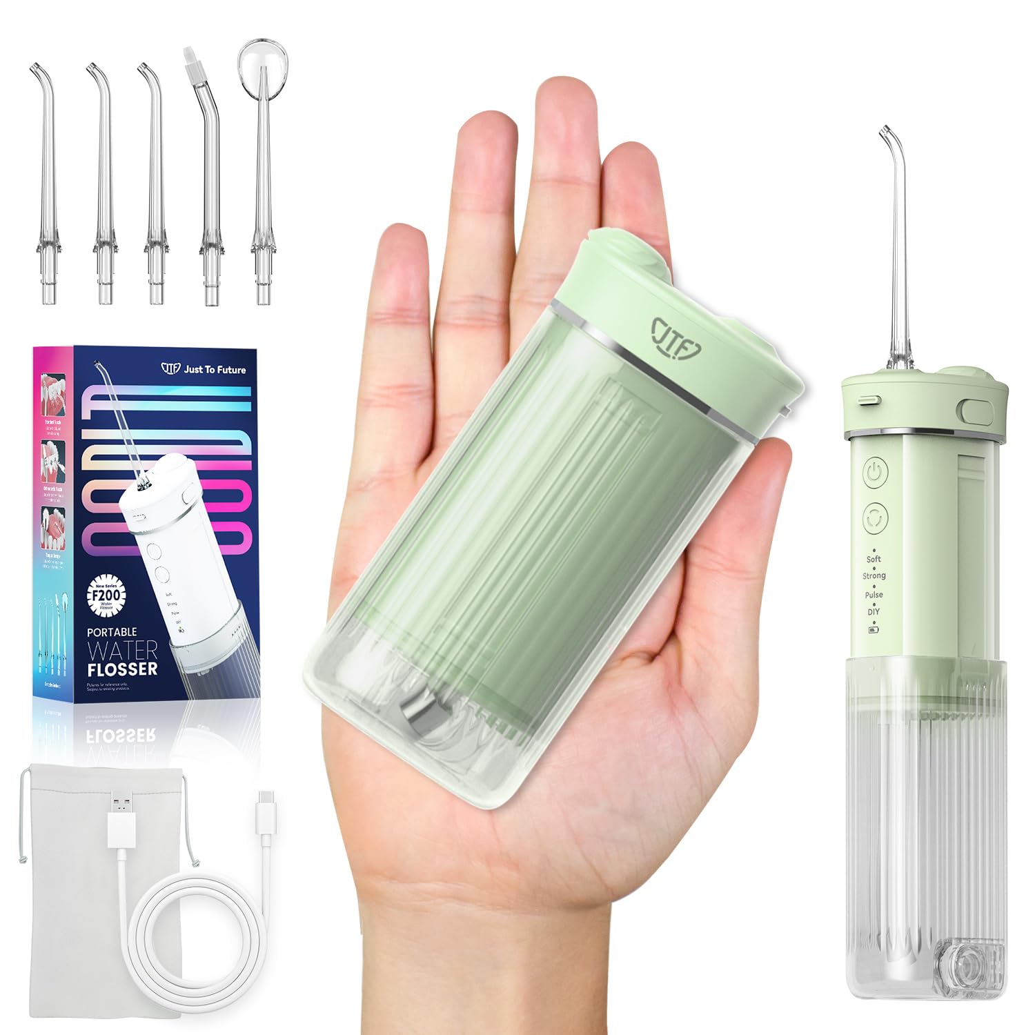 JTF Travel Water Flosser Cordless,Portable Water Dental Flosser with DIY Modes, Water Teeth Cleaner Pick 5 Jet Tips 230ML Telescopic Water Tank Mini Oral Irrigator for Teeth，Gums(Green)-image-32