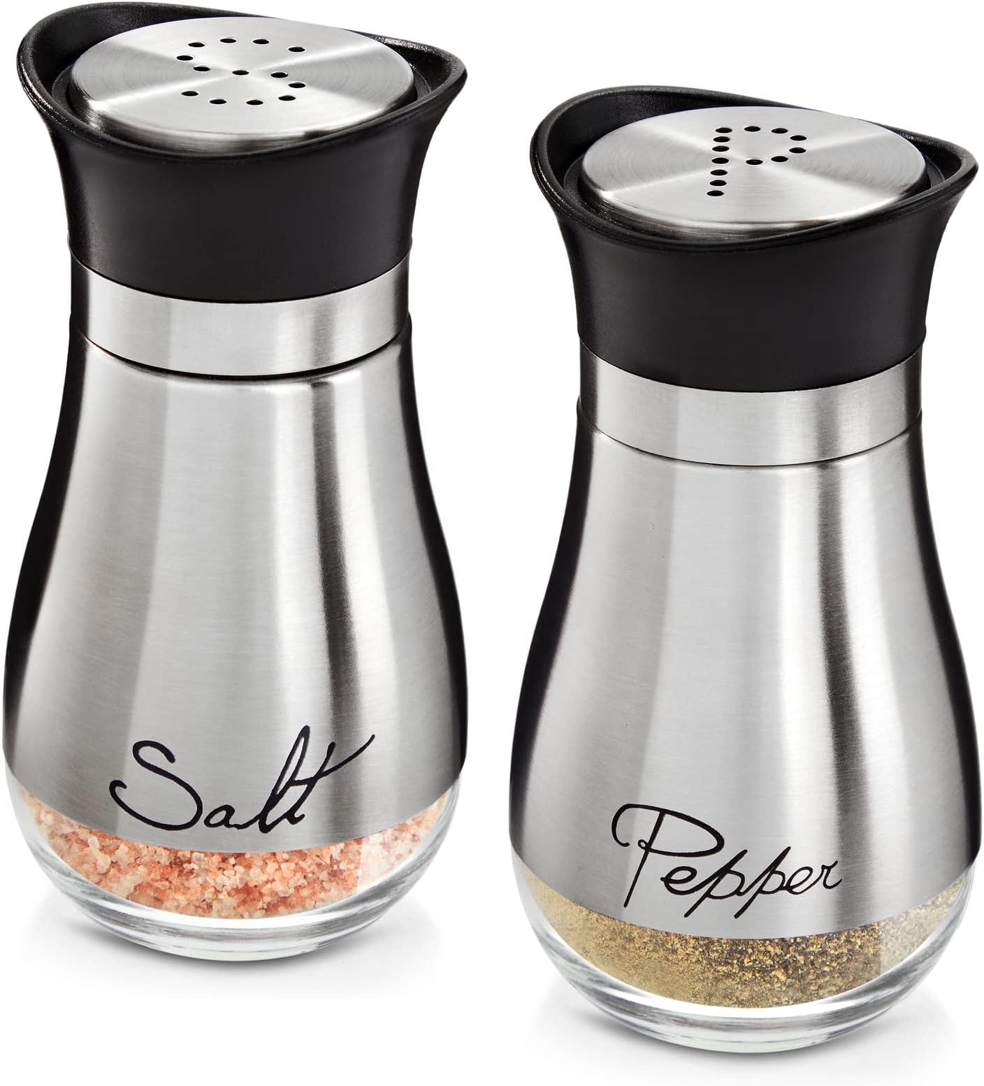 Stainless Steel Salt and Pepper Shaker Set with Glass Bottom, Perforated "S" and "P" Caps - Modern Kitchen Counter Decor (4oz)