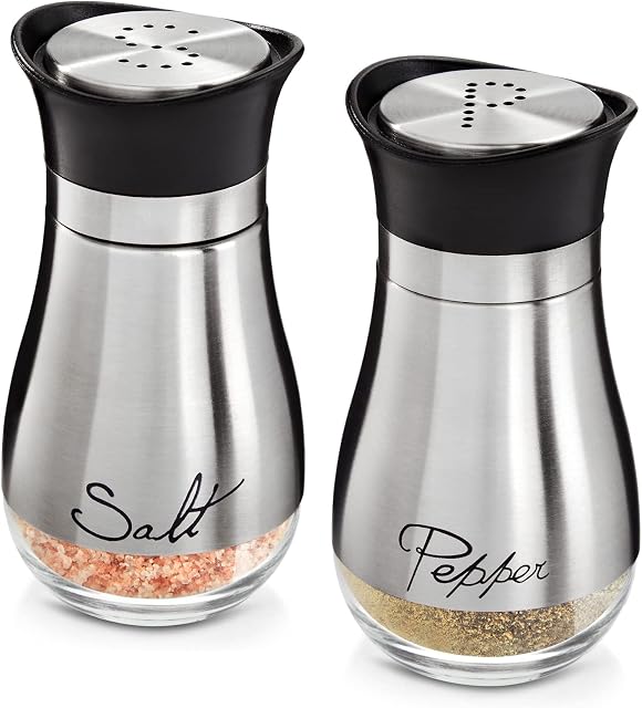 Stainless Steel Salt and Pepper Shaker Set with Transparent Glass Bottoms, Screw-Off Caps, and Perforated "S" and "P" Designs for Modern Kitchen Accessories (4oz)