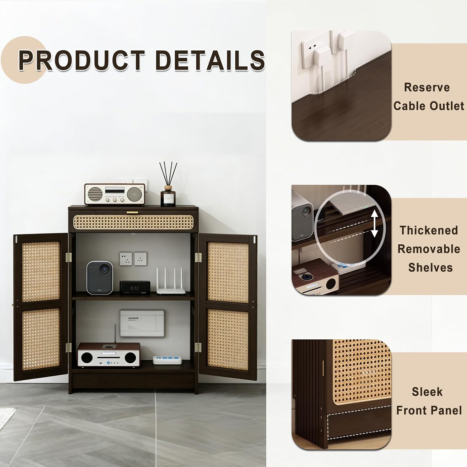 Jueraori WiFi Router Storage Cabinet with Adjustable Shelves, No Back Panel | 2-Tier Standing Bamboo Cabinet with Rattan Doors and Drawer, Cable Management Hider Rack for Home, Office (35.4"×19.7"×9.8")